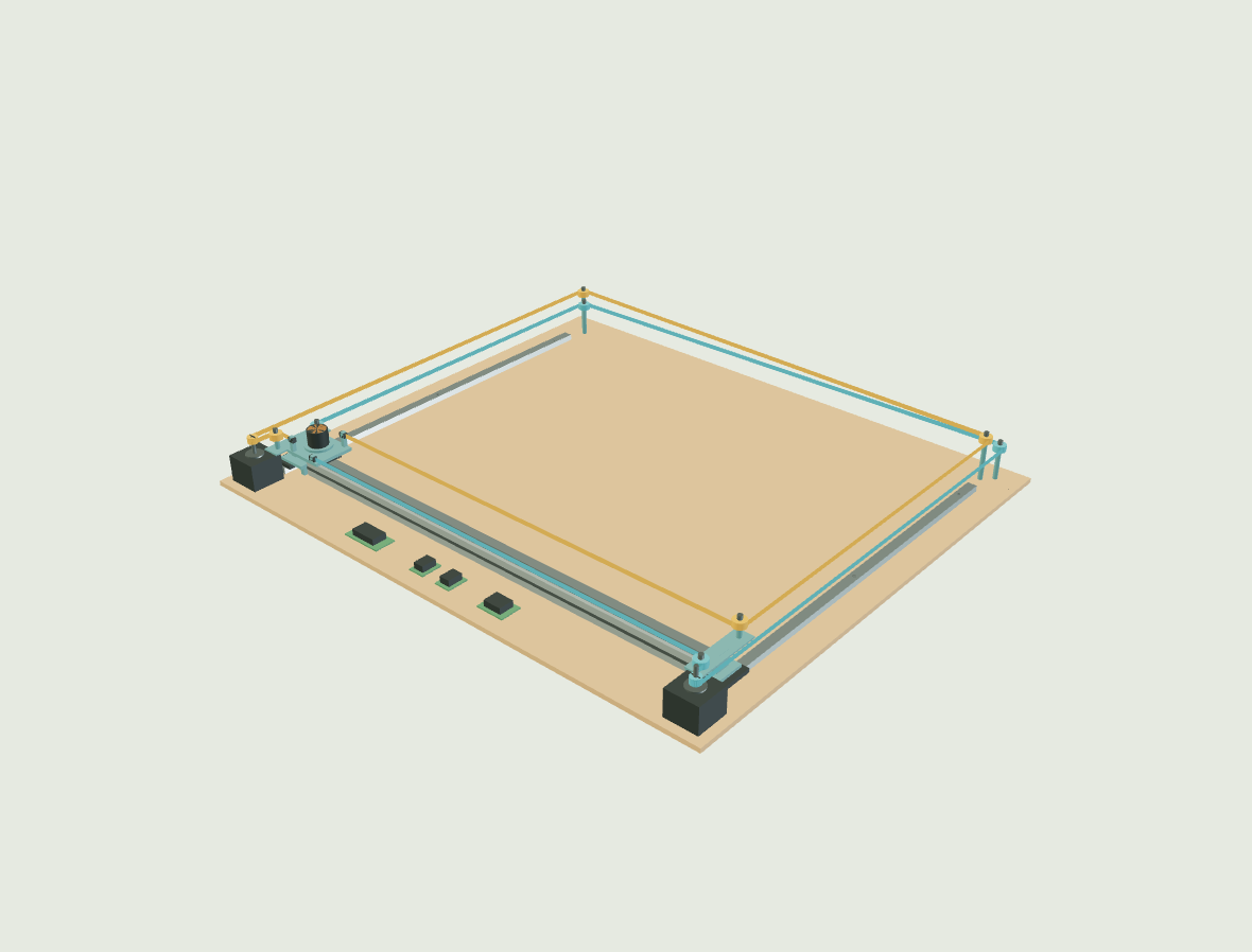 CoreXY mechanism study with two fixed motors, belts, a moving crossbeam, and an electromagnet carriage beneath the playing surface.