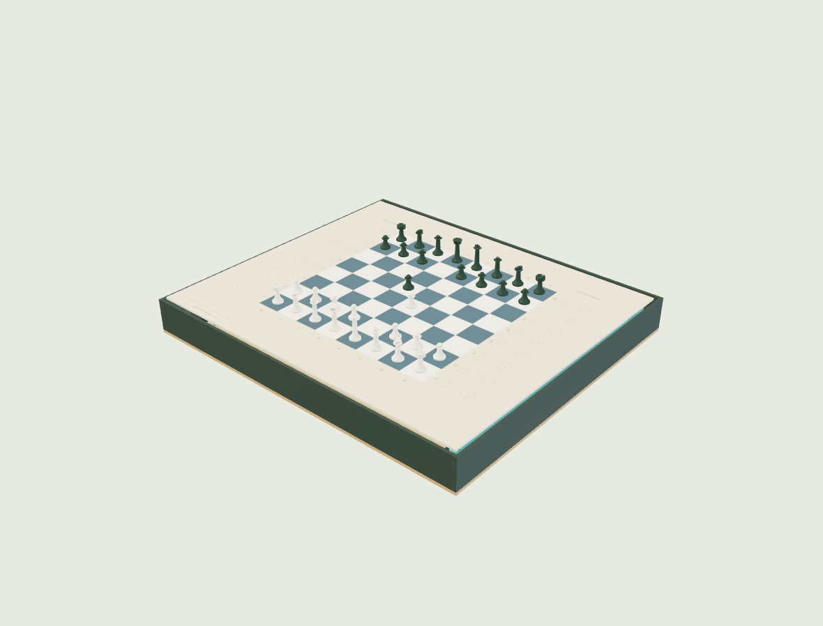 CAD view of a shallow chessboard enclosure, with chess pieces and capture holding areas on both sides.
