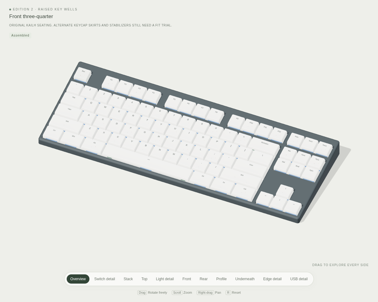 Angled CAD view of an 86-key keyboard with white low-profile keycaps and a dark case.